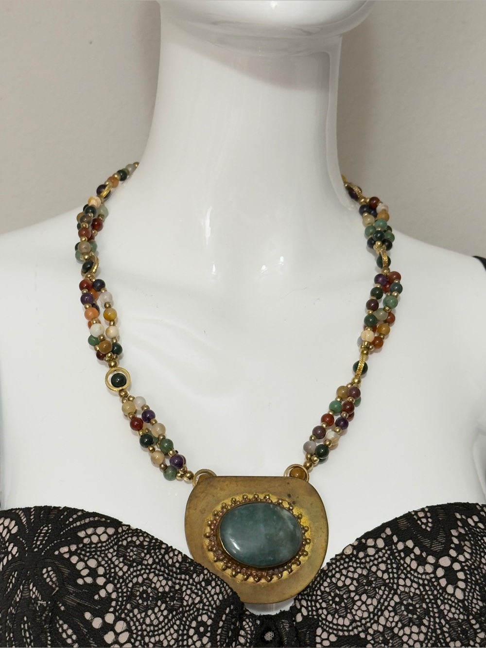 Natural Agate Stone Beaded Statement Necklace with Large Brass Medallion Pendant